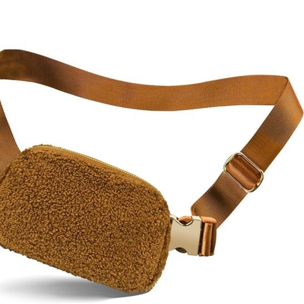 Cozy Teddy Fleece Fanny Pack Belt Bag Brown Gold Zipper Adjustable Strap